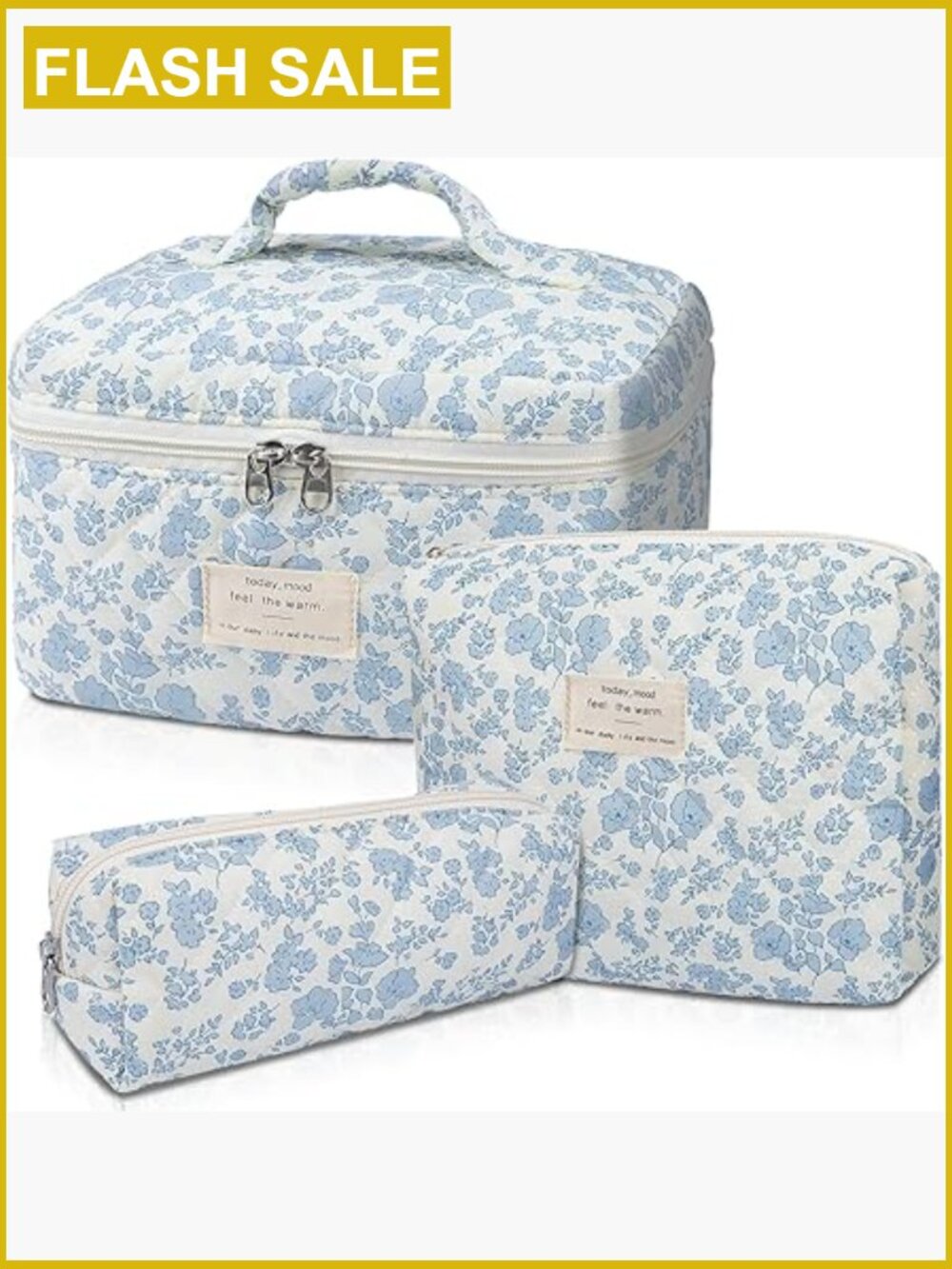 Large Quilted Cosmetic Bag Set, 3-Piece Cotton Makeup Organizer, Travel
